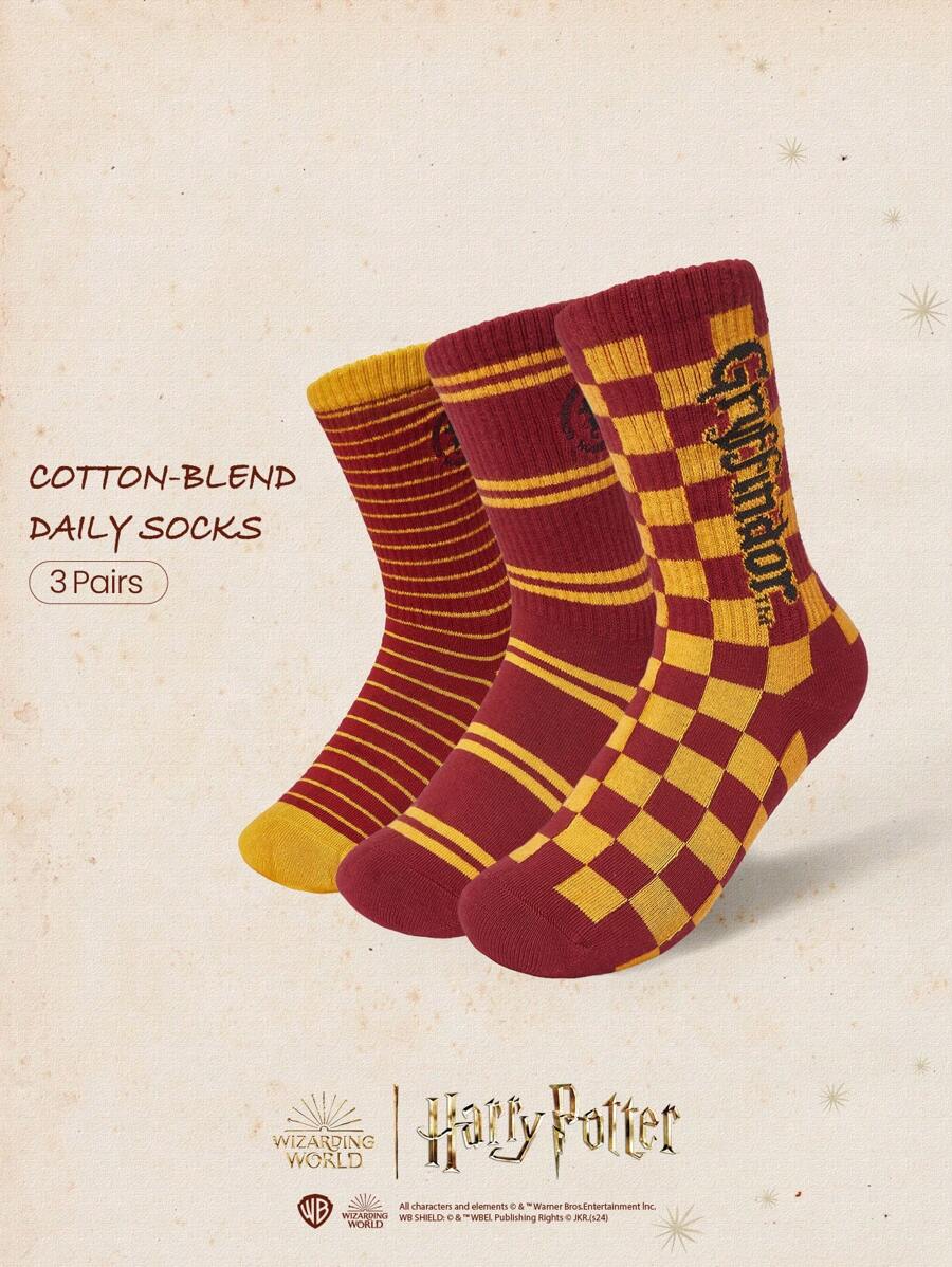 GLOWMODE GLOWMODE X HARRY POTTER 3-Pack Cotton Soft Elastic Ribbed Jacquard Embroidered Crew Socks Daily Casual