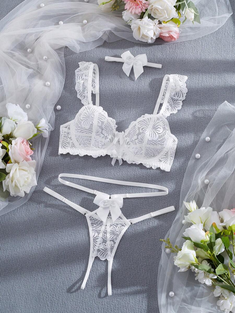 Conjunto de lencería sexy de 3 piezas para mujer, incluye sostén con aros y diseño de collar y moño de encaje, y tanga