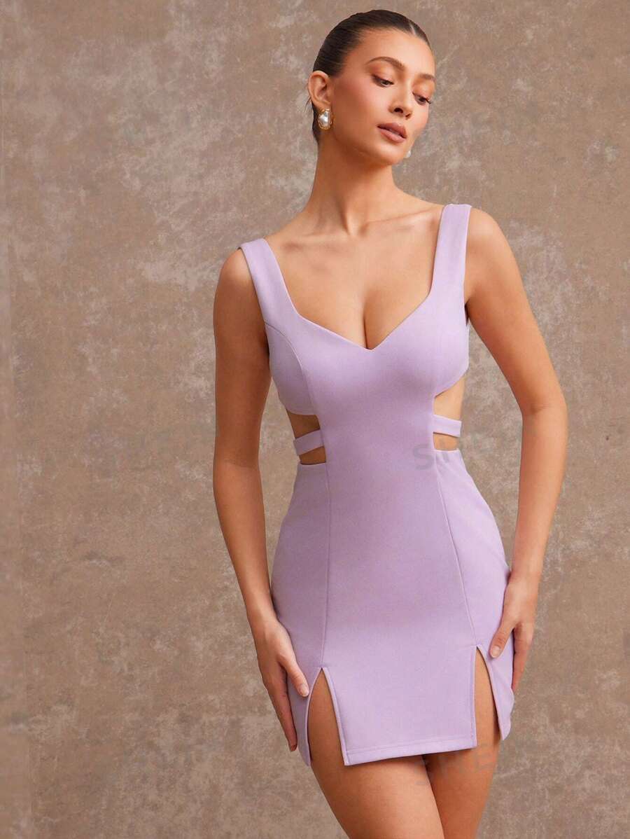 L'Amorae Vestido sexy sin mangas de unicolor con aberturas dobles y bajo hueco para mujer