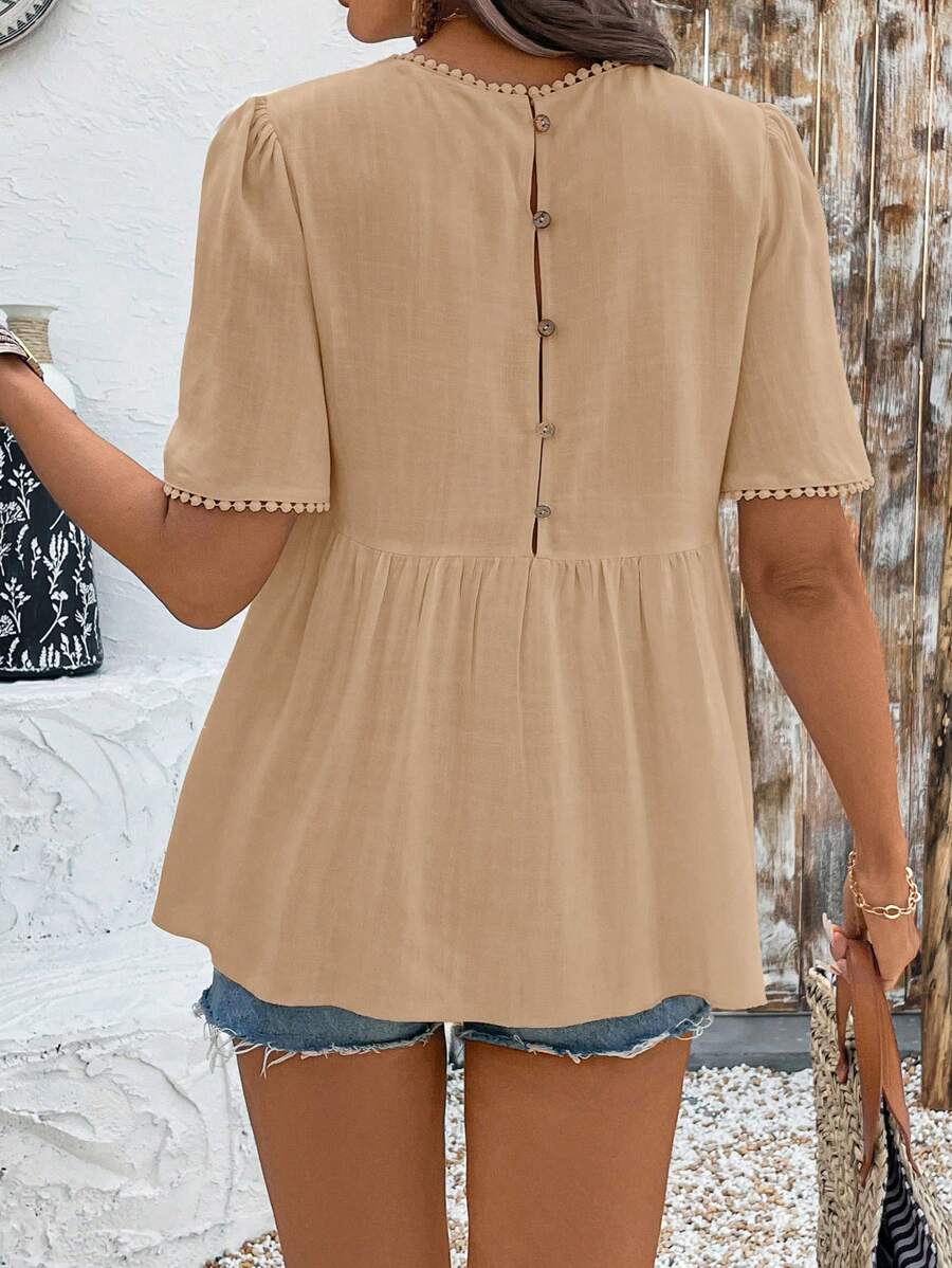Chiquease Blusa de cuello redondo de manga corta, casual, con sensación de lino, para primavera/verano