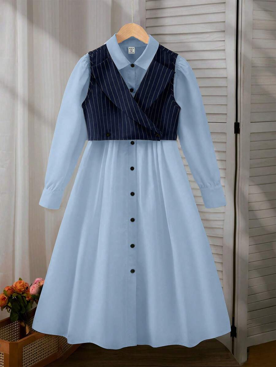 SHEIN 2pcs/Set Girl's Korean Style Loose Cute Long Sleeve Cinched Waist Palace High-End Elegant White Dress, Casual Daily Sibling Matching Outfits (2 Pieces Sold Separately)