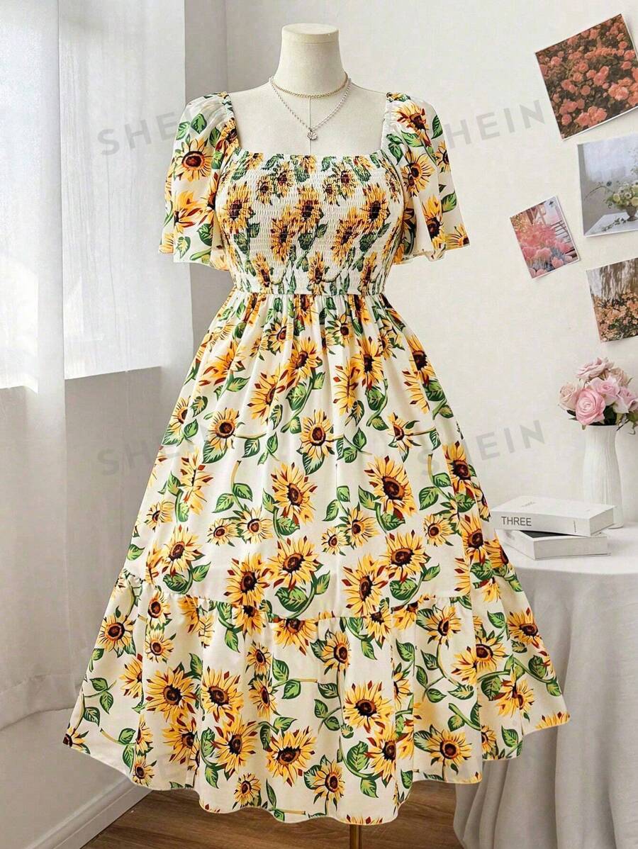 Sunnyshic Vestido A-Line de mujer de talla grande con estampado de girasol y mangas con volantes, elegante vestido de verano para vacaciones y playa