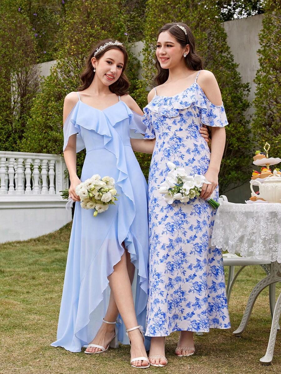 SHEIN Girlism Vestido sin mangas con estampado floral azul y blanco y volantes en el bajo, adecuado para festivales, fiestas, temporada de regreso a clases, ceremonias de graduación, damas de honor, bodas, invitados de boda, elegante