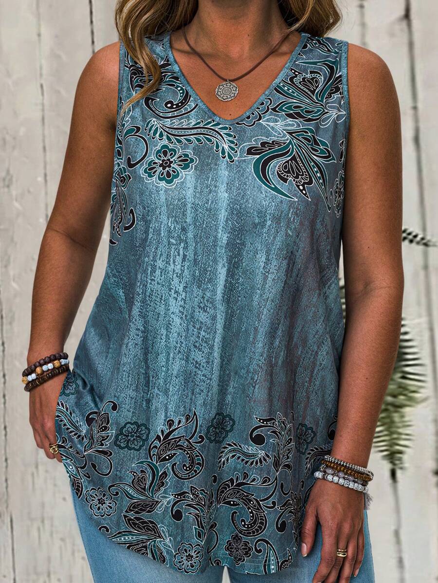 EMERY ROSE Plus Size Dames Tanktop met Blauwe Bloemenprint, Minimalistisch En Modieus, Geschikt Voor De Zomer