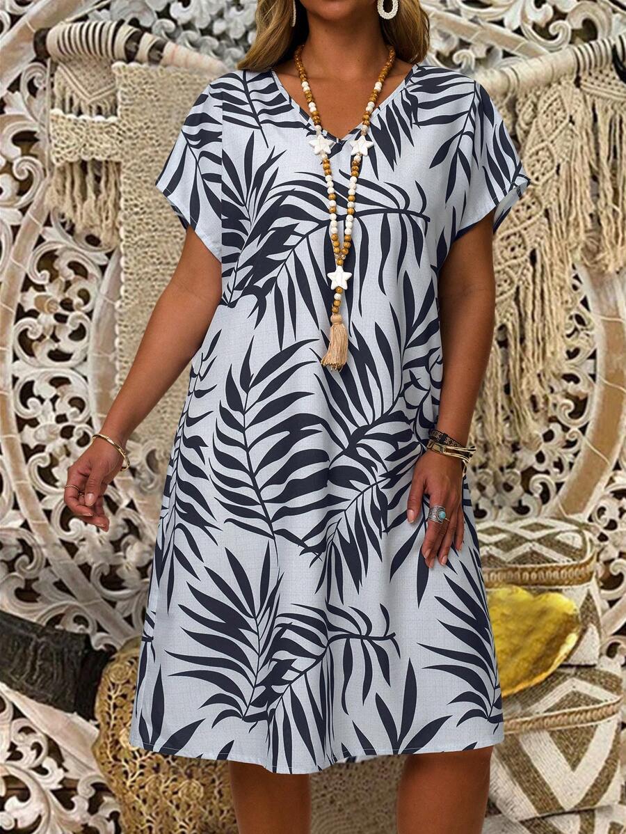 EMERY ROSE Große Größen Damen Sommer Country Casual All Over Print Minimalistisches Kleid,Geeignet für den Sommer,Urlaubsoutfits Frau,Lässige Alltagskleidung