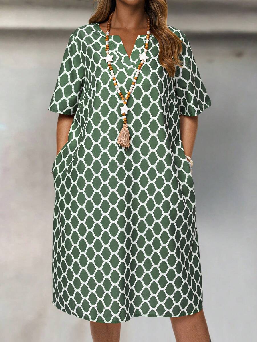 EMERY ROSE Vestido informal con estampado total y cuello en V para talla grande para vacaciones