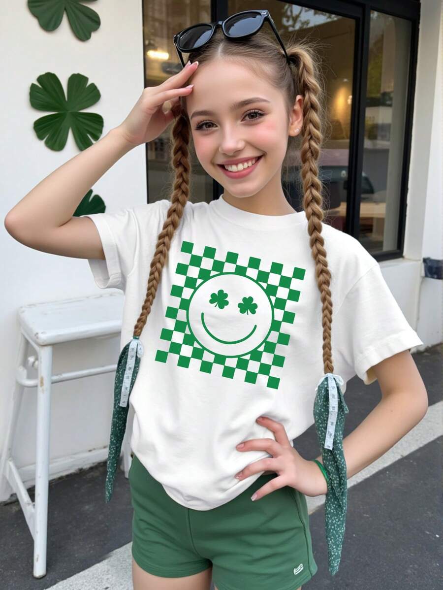 SHEIN Tween Girls Creative Checkerboard, Smiling Face & Clover Print Casual Basic Short Sleeve T-Shirt
