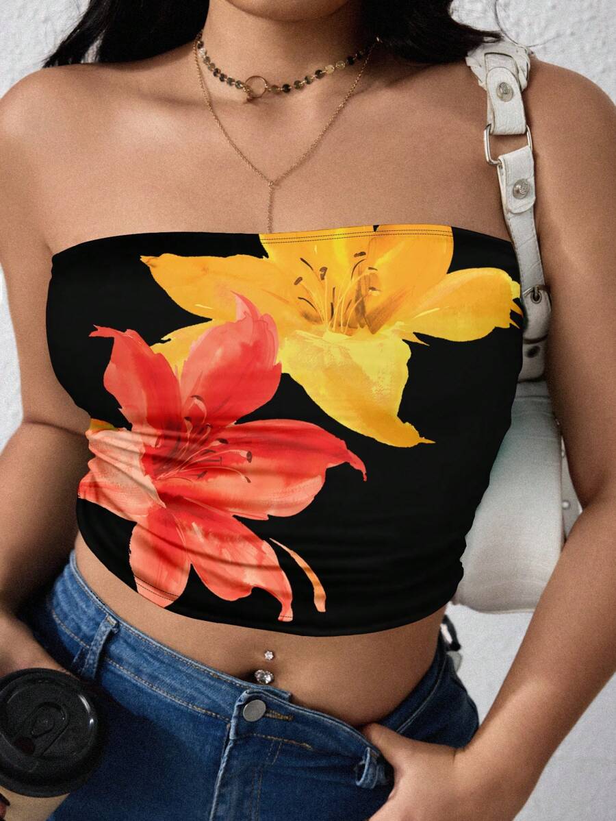 INAWLY Y2K Curve Plus Size Hibiscus Flowers Print Graphic Tube Top