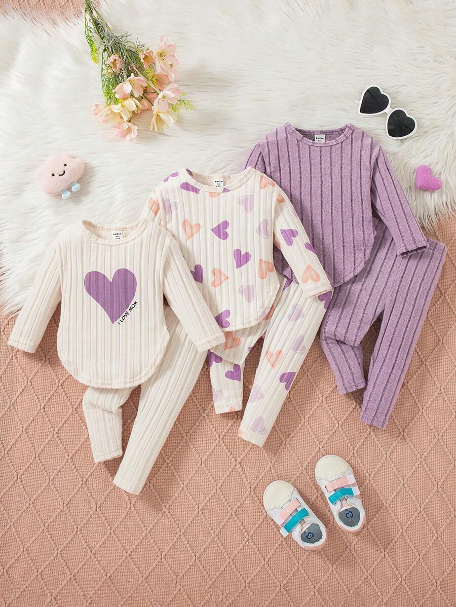 SHEIN Vintaside Kids 3-Piece Baby Girls Autumn/Winter Set: Fluffy Ribbed Round Neck Long Sleeve Top, Heart Print Leggings, Fashion Casual Home Outfit