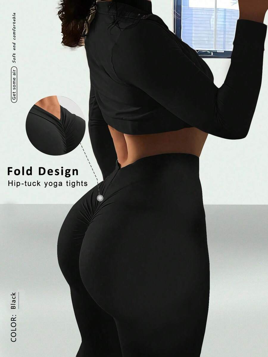 SHEIN Sport Studio Vintage Stylish Simple Long Sleeve Crop Top With Zipper, Casual Stand Collar Fashion Versatile Outerwear, Elegant Slimming High Waist Elastic Tight Bodycon Fitness Two-Piece Set