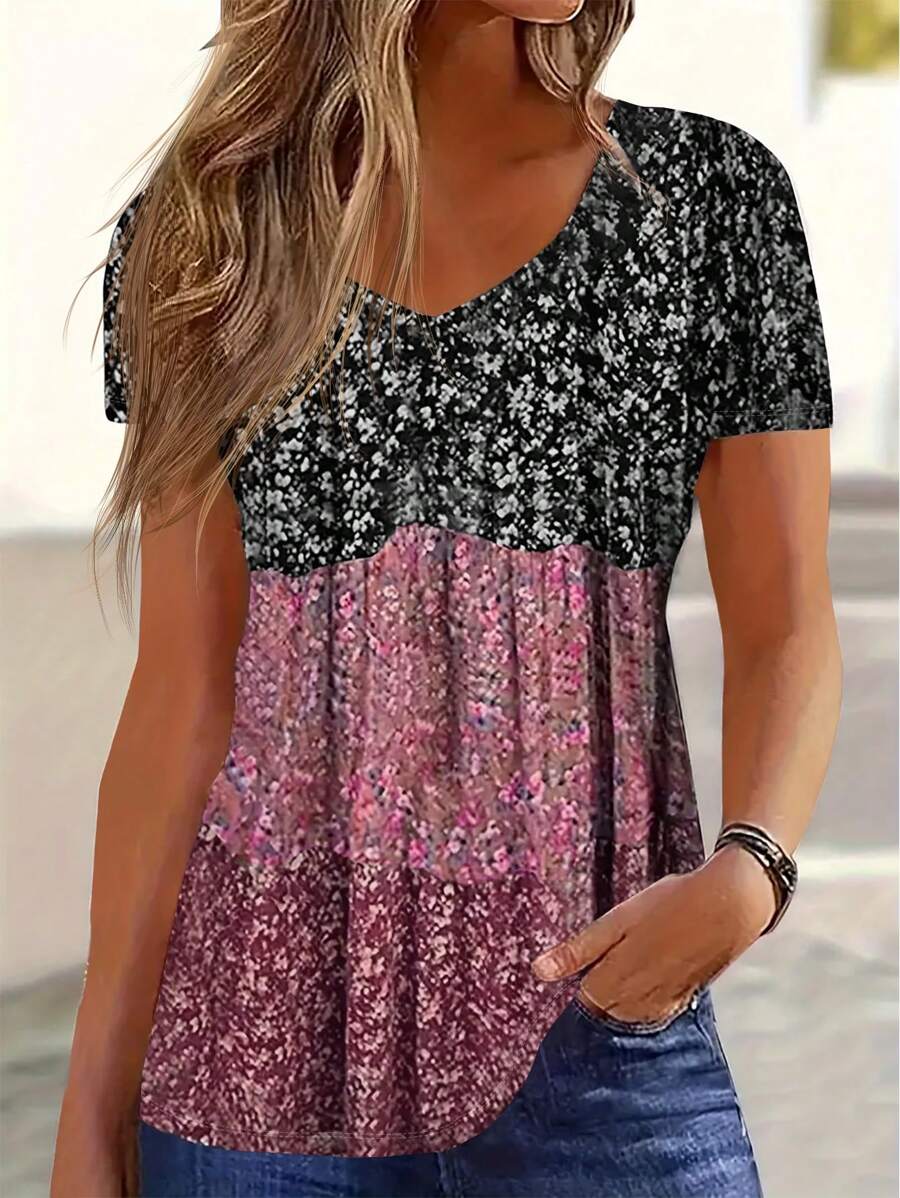 Plus Size Women's V-Neck Casual Ditsy Floral Random Short Sleeve T-Shirt