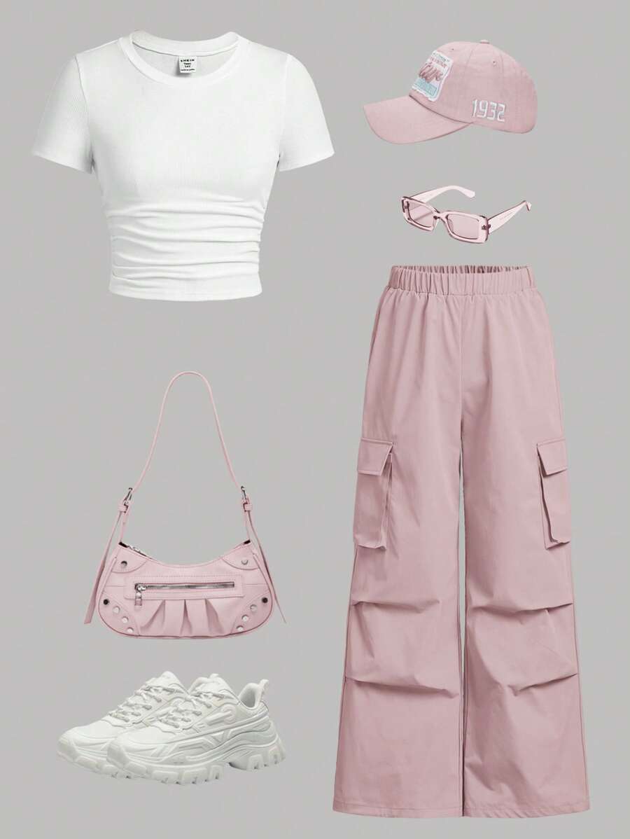 SHEIN EZwear 2pcs Tight Fit Short Sleeve T-Shirt And Cargo Pants Set