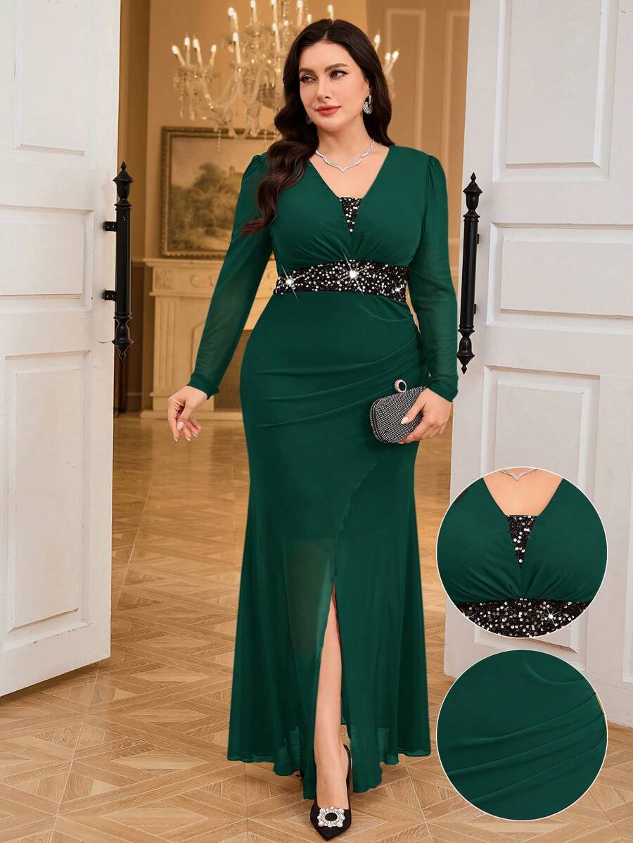 Modelyn Plus Size Elegant Party Sequin Decor Slit Dress