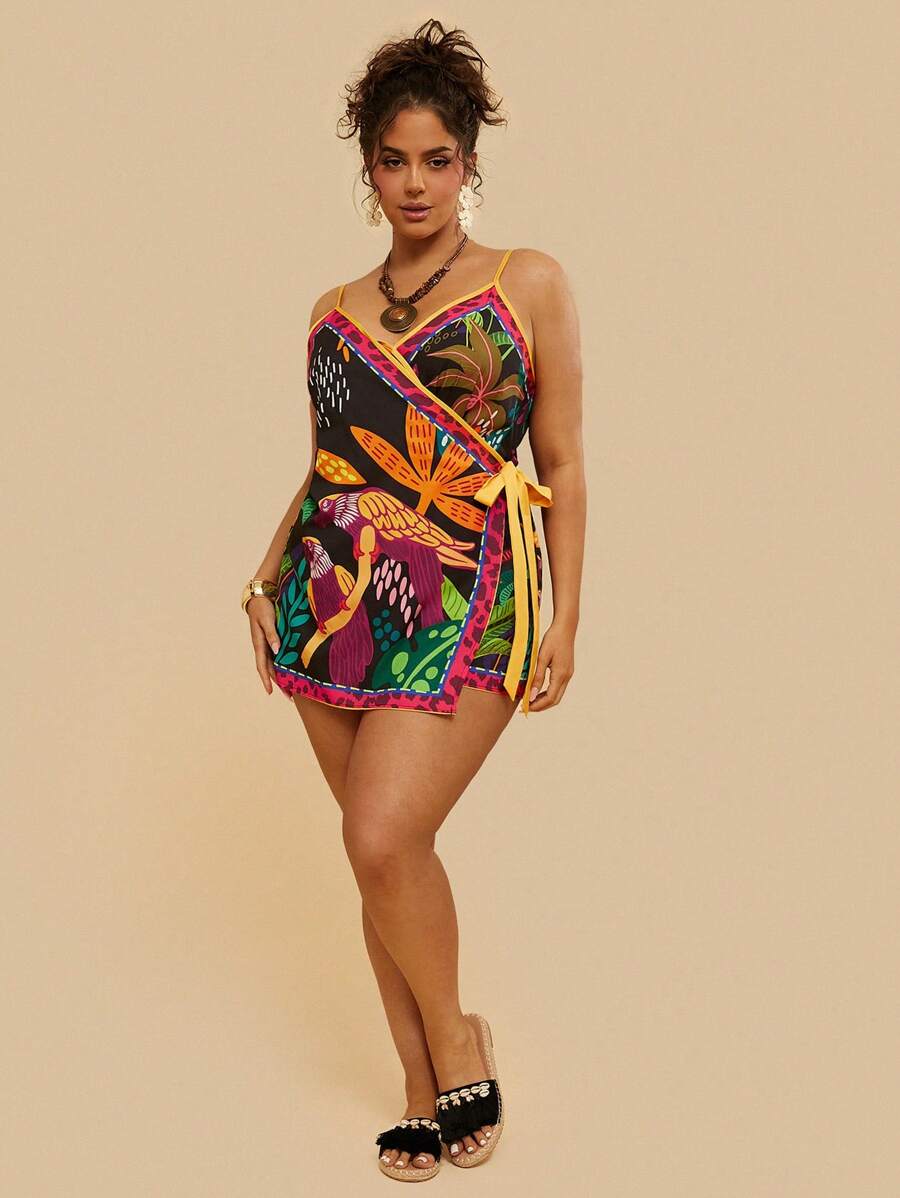 Travachic Plus Size Tropical Side Tie Parrot Printed Jumpsuit Shorts, Women Casual Holiday Beach Romper