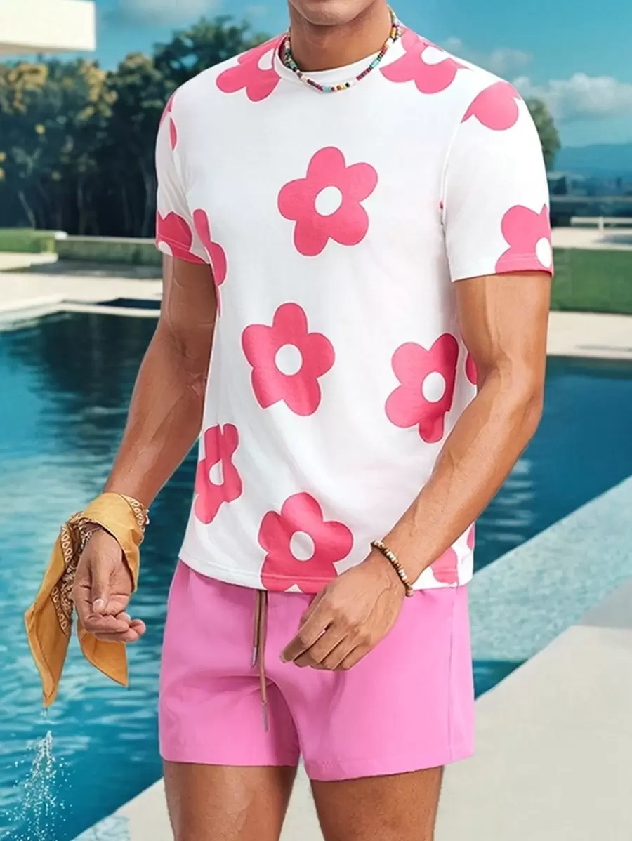 Manfinity VCAY Set de 2 piezas de hombre compuesto por camiseta de manga corta casual de punto de corte ancho y pantalón corto recto de cintura elástica