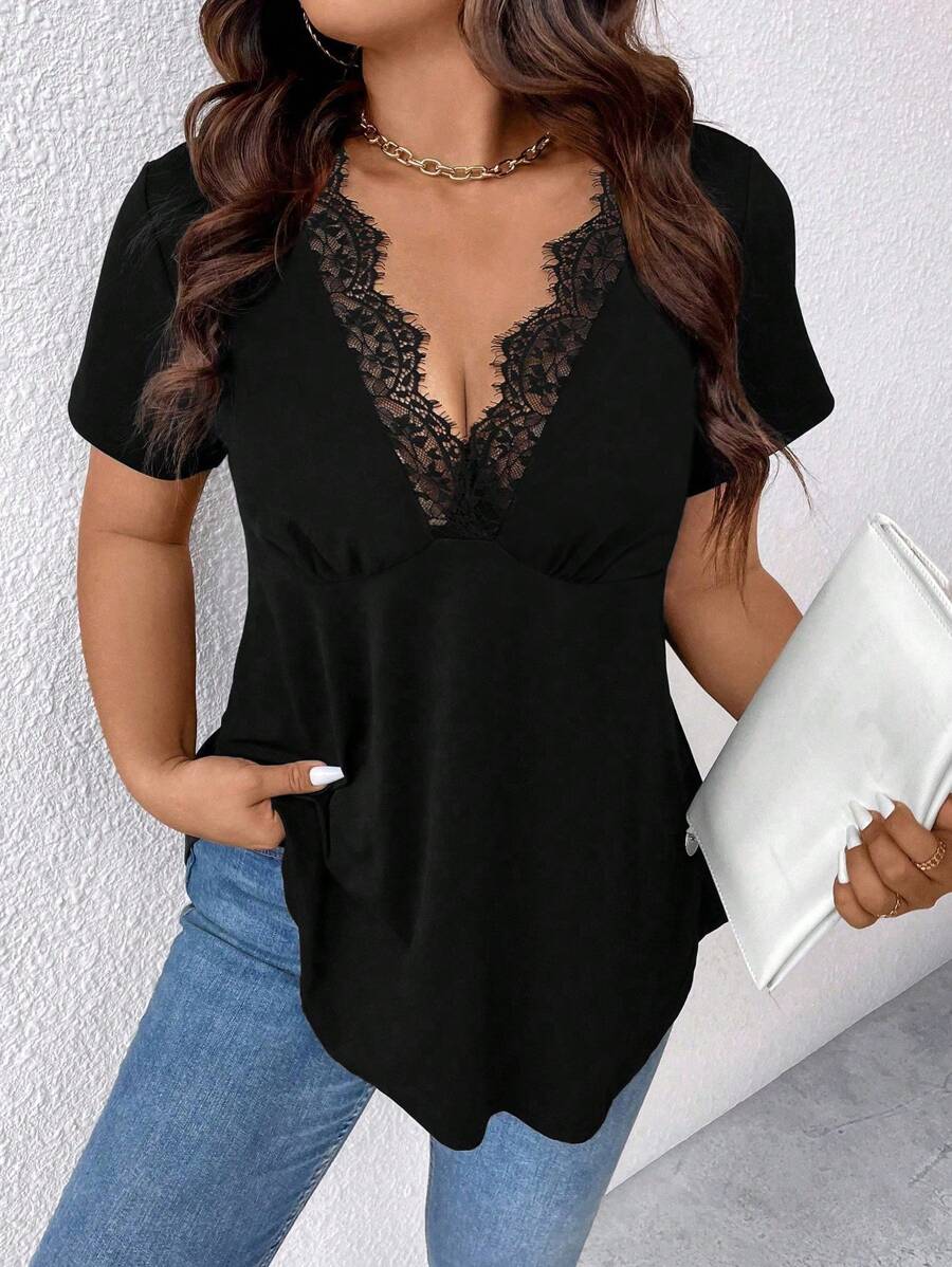 SHEIN LUNE Plus Size Plain Color Short Sleeve T-Shirt, Simple & Fashionable Casual Everyday Wear