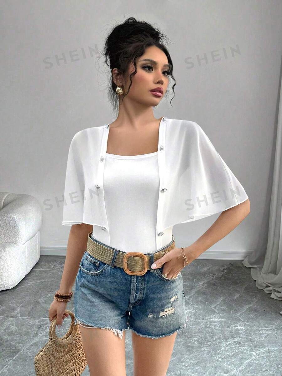 Breezaya Nuevas blusas de mujer de punto elegantes y casuales con botones y parches de malla de unicolor, para primavera/verano