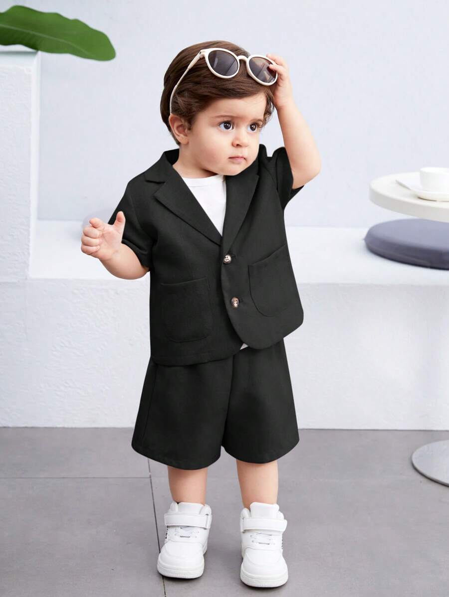 SHEIN Baby Boy/Girl Simple Solid Color Short Sleeve Blazer Jacket & Elastic Waist Shorts Set, Casual Korean Style, Suitable For Summer
