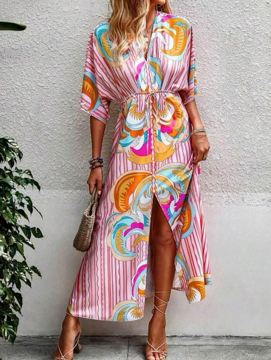 SHEIN VCAY Women's Summer Boho Dress Holidaya Graphic & Striped Frill Pearls Split Hem Batwing Sleeve Dress Summer Vacation Beach Vacation Easter Dress Women Dress Concert Outfit Women Dress Going Out Dress Sun Dress