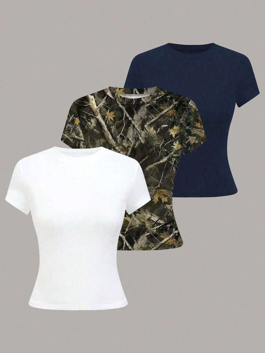 SHEIN LUNE Maglietta casual da donna a girocollo, manica corta, versatile per uso quotidiano