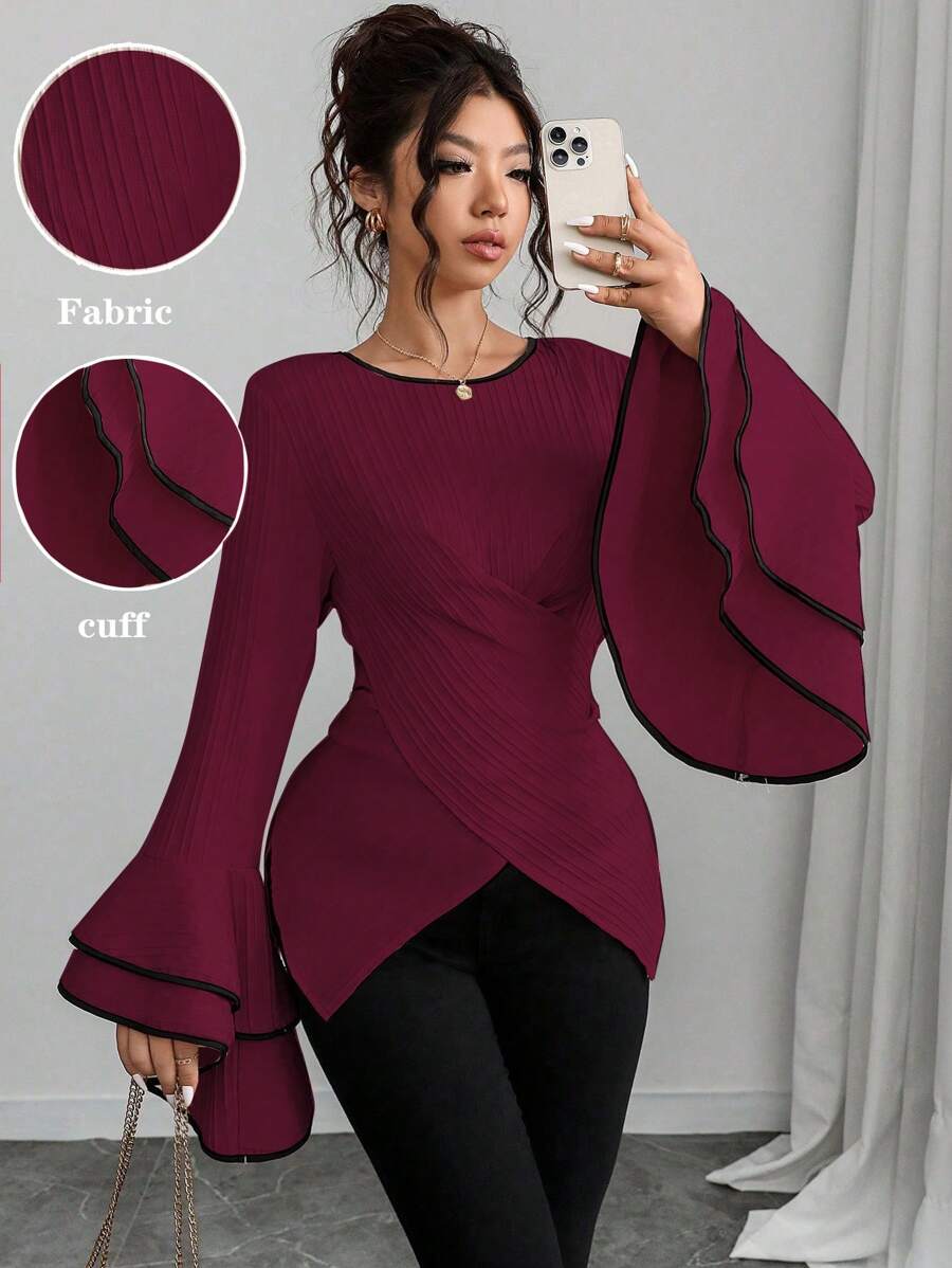 Calvaya Camicia aderente da donna con colletto alla coreana, maniche a doppio strato con volant