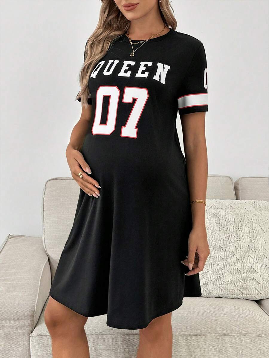 SHEIN Pregnant Women Summer Casual Sports Letter & Number Print Dress