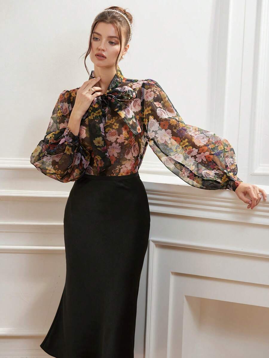 Aveloria Rosie Multicolor Floral Rose Colorblock Organza Puff Sleeve Sheer Sexy Elegant Delicate Vintage Collar Bowknot Cuff Women Long Sleeve Blouse