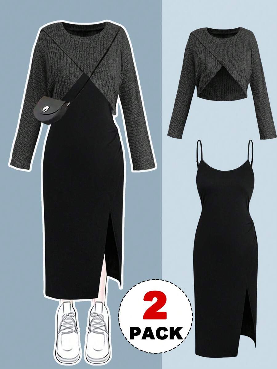 Flirla Set da 2 pezzi da donna taglie forti: maglia asimmetrica a costine + abito con spallini sottili, arricciato, spacco e contrasto di colori, autunno/inverno
