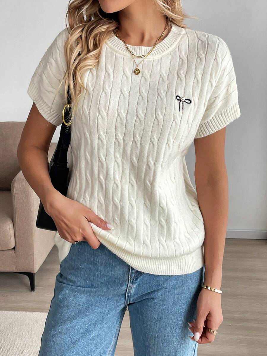 SHEIN LUNE Blusas holgadas de punto de manga corta con bordado, de color liso y casual, para uso diario en primavera y verano