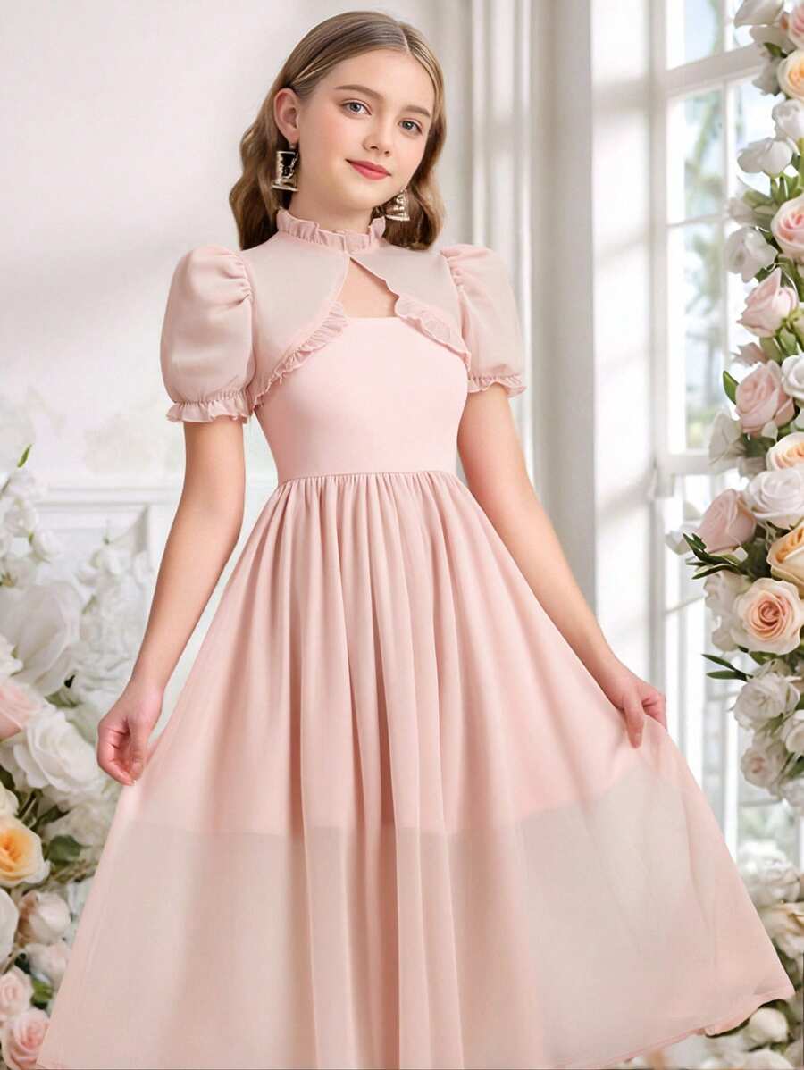Wildeya Vestido corto elegante y lujoso con lazo, mangas de malla abullonadas y sin tirantes para niña preadolescente, color blanco, adecuado para use en verano y primavera, apropiado para salidas, fiestas y vacaciones