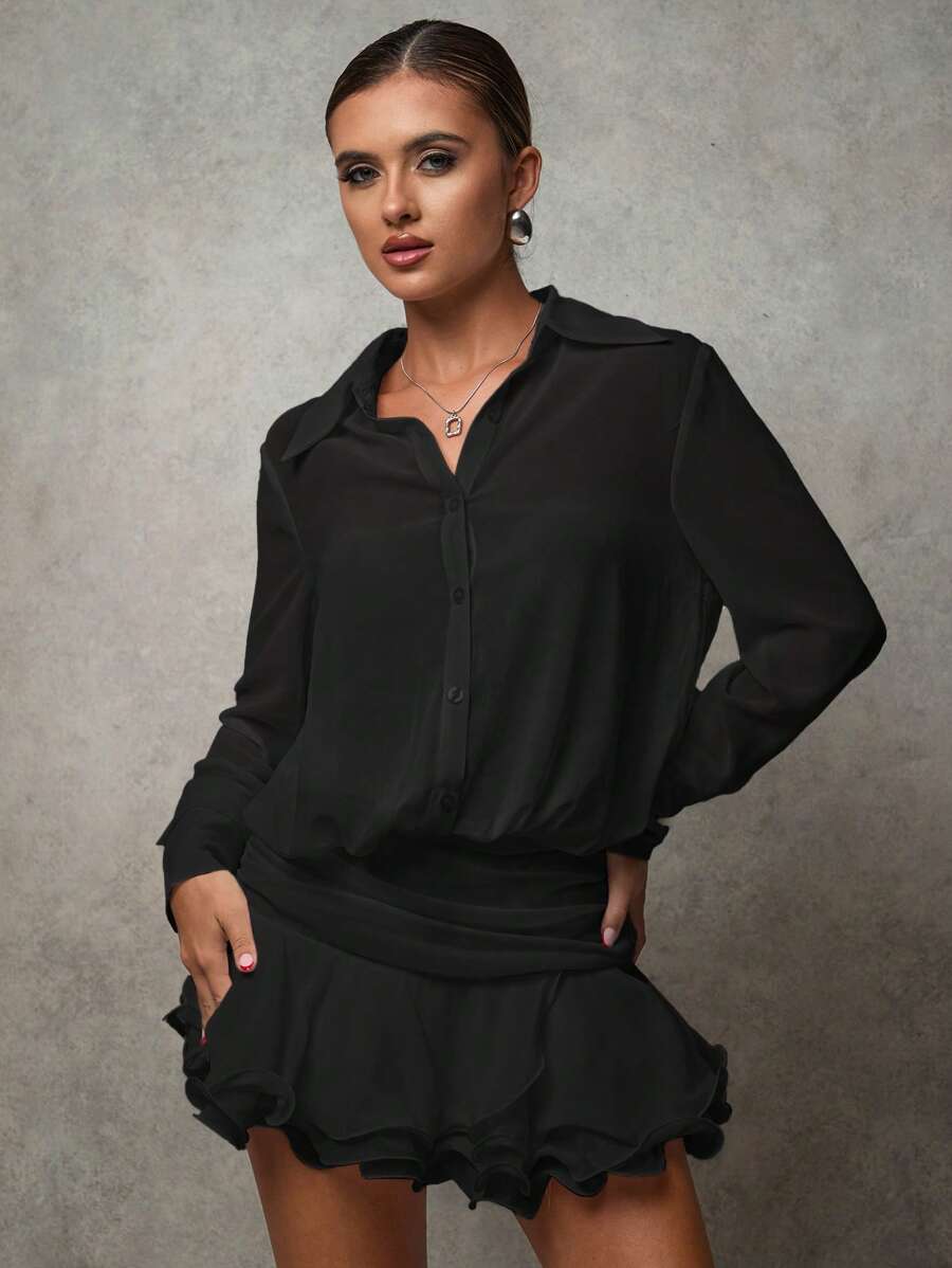 SHEIN BAE Robe-chemise blanche sexy courte avec boutons pour femmes, automne-hiver. Robe élégante, robe de bal, costume ajouré, robe sexy, vêtements d'automne pour femmes, robe de costume de fée, robe de pirate