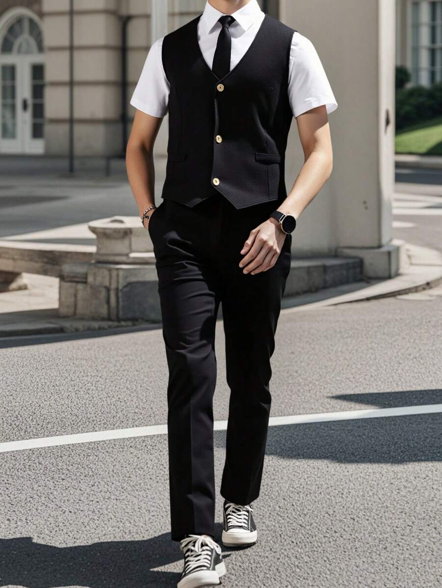SHEIN 2pcs/Set Teen Boy Gentleman Suit: Slim Fit Vest + Textured Trousers, Elegant Formal Outfit For Birthday, Party, Wedding, Graduation Ceremony, Pageboy