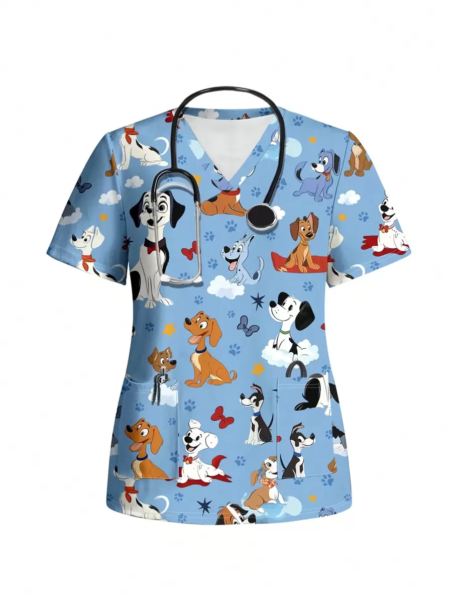 PopScrub Ropa de trabajo de talla grande con diseño minimalista de perro de dibujos animados