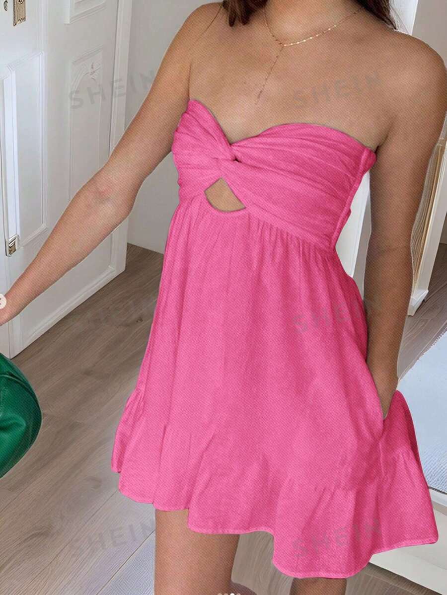 SHEIN EZwear Vestido de vacaciones con bandeau tejido rosa para mujeres