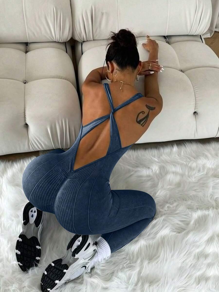 SHEIN Sport Studio Women's Solid Color Criss Cross Open Back Yoga Jumpsuit
