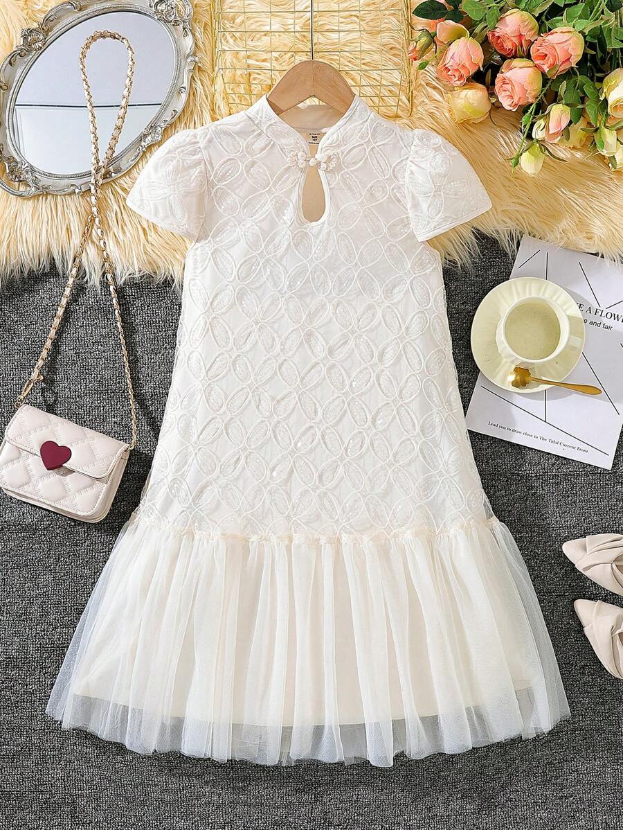 Vestido elegante de fiesta con encaje, lentejuelas y malla para niñas adolescentes, adecuado para fiestas y reuniones