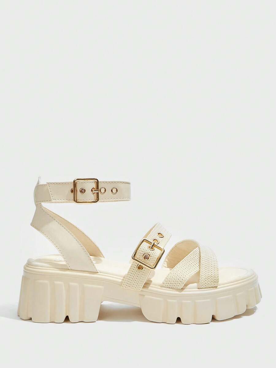 Sugerpunk Woman Shoes New Years Minimalist Buckle Eyelet Ankle Strap Beige Sandals For Summer Vacation Shoes Summer Back To School Shoes College Student Shoes Y2k Punk Cool Street Sporty Halloween Christmas Fall