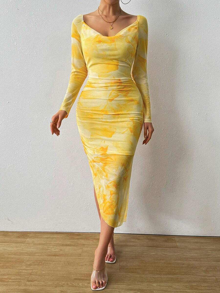 Calvaya Tie Dye Gerimpelde Asymmetrische Zoom Mesh Bodycon Jurk Maxi Dames Outfit
