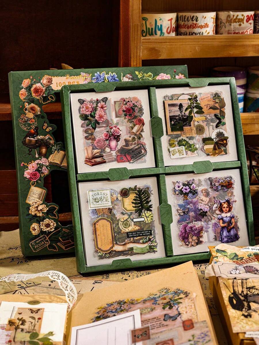 SHEIN 100pcs/Set Mixed Retro Floral, European Portraits And Objects Sticker Collection, Suitable For Journal, Scrapbook, Laptop, Water Bottles And Desk Decoration, With Pet Waterproof And Wear-Resistant Material