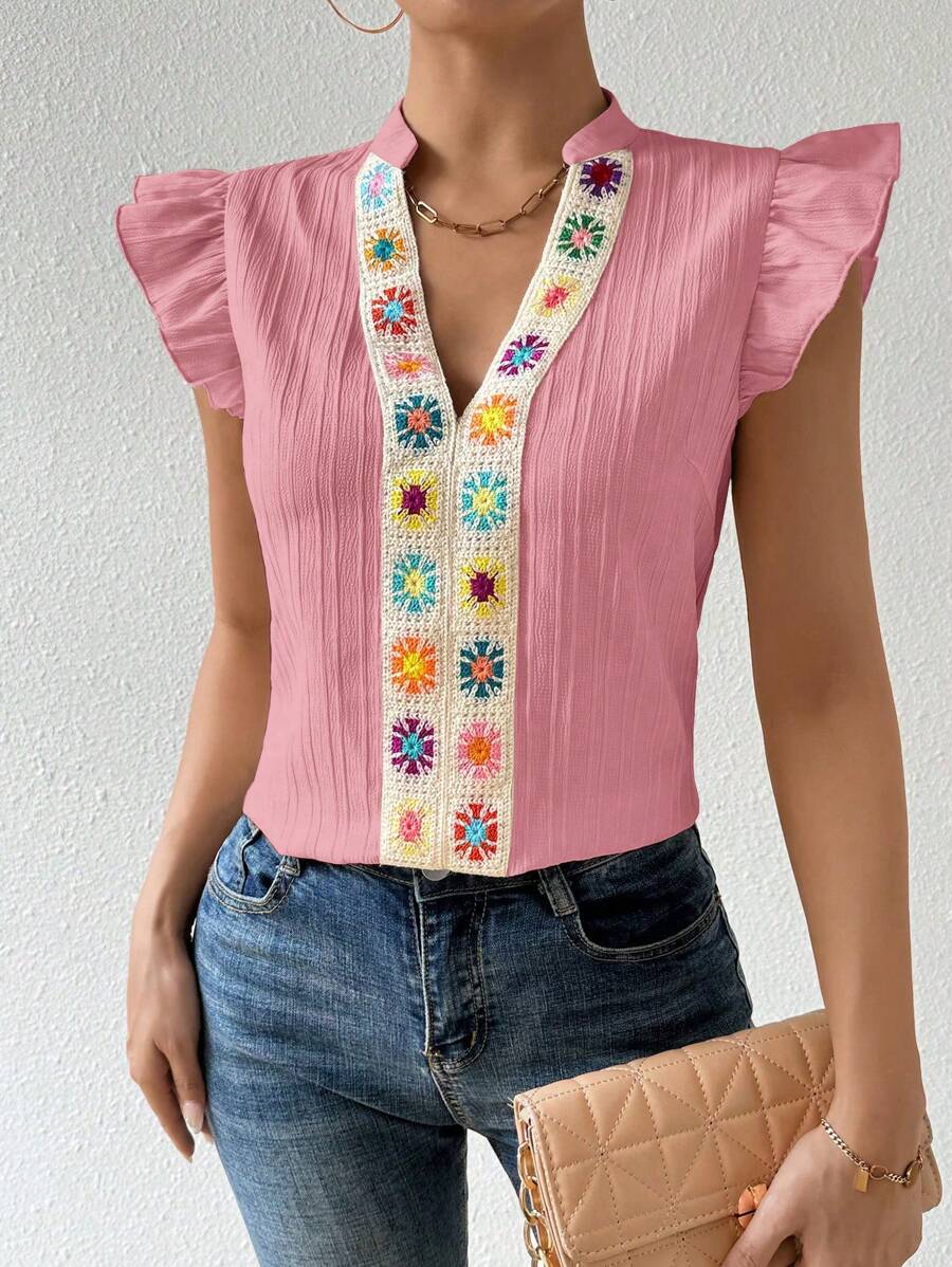 SHEIN LUNE Dames casual blouse met bloemenpatroon, V-hals en kapmouwtjes