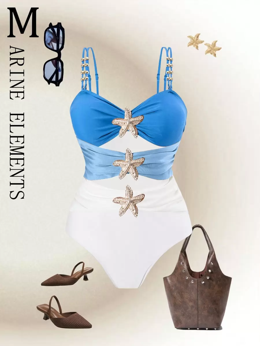 SHEIN Swim Curve Jednoczęściowy kostium kąpielowy w dużym rozmiarze, metaliczny akcent, prosty strój plażowy dla kobiet w stylu kurortu na lato