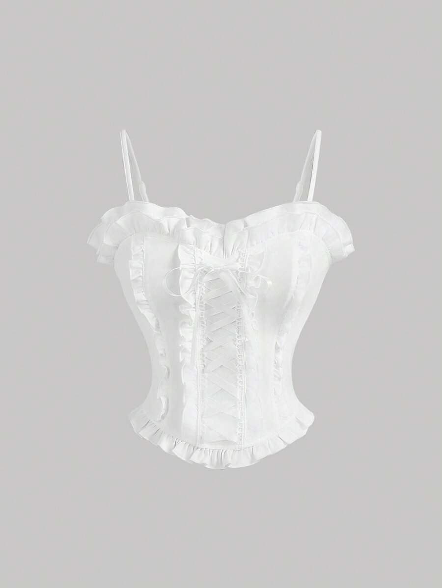 SHEIN MOD Débardeur blanc rêveur, romantique et élégant, buste ajusté décoré de volants superposés et d'un nœud. Convient pour les rendez-vous, les fêtes, les vacances, le thé, les anniversaires, l'été pour les femmes, Pâques, les festivals rave, les concerts, le brunch, les femmes en corset, décontracté chic, Y2K