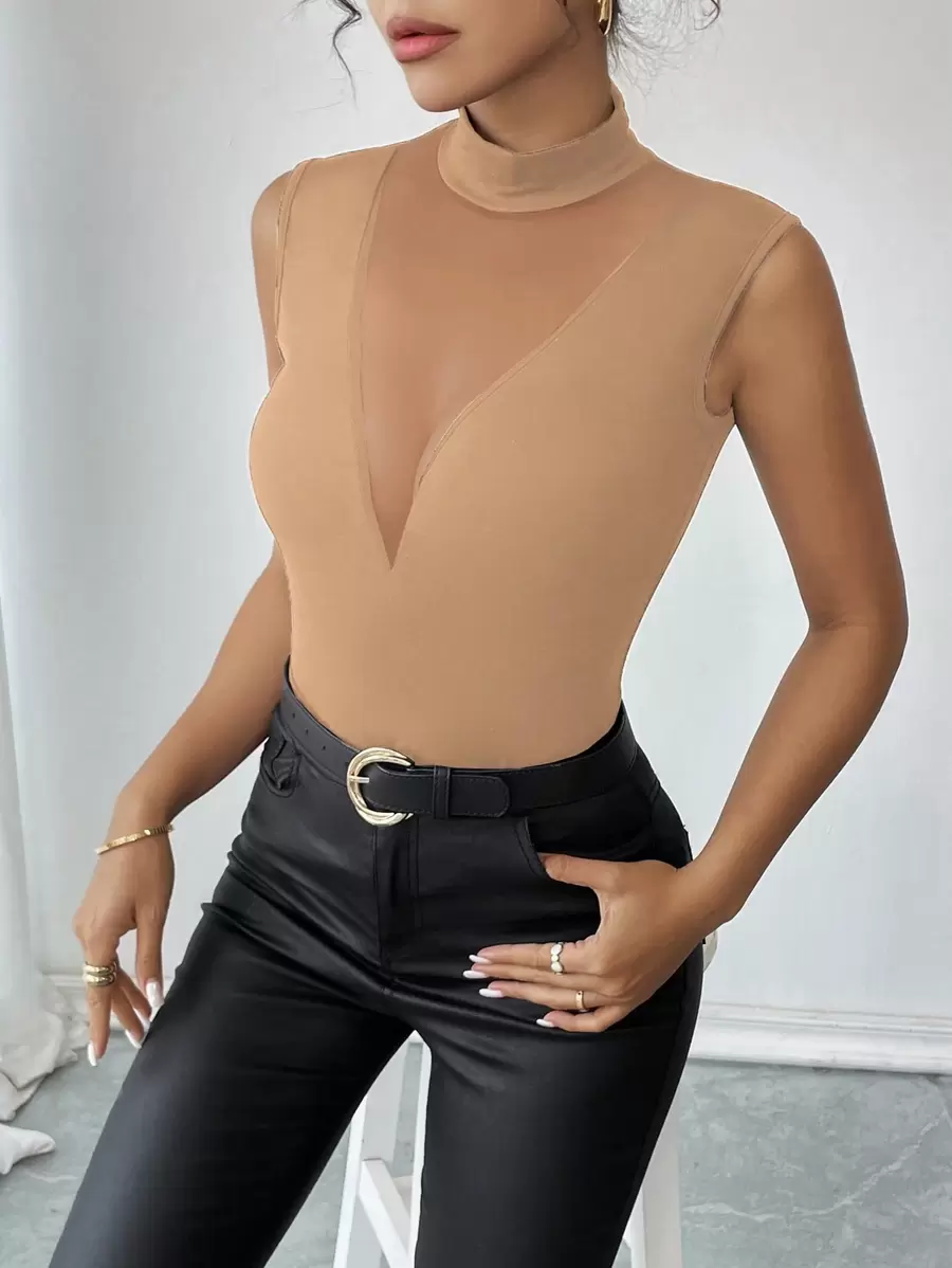 Calvaya Elegante canotta da donna aderente con collo a lupetto, in maglia sottile con inserti in rete, senza maniche