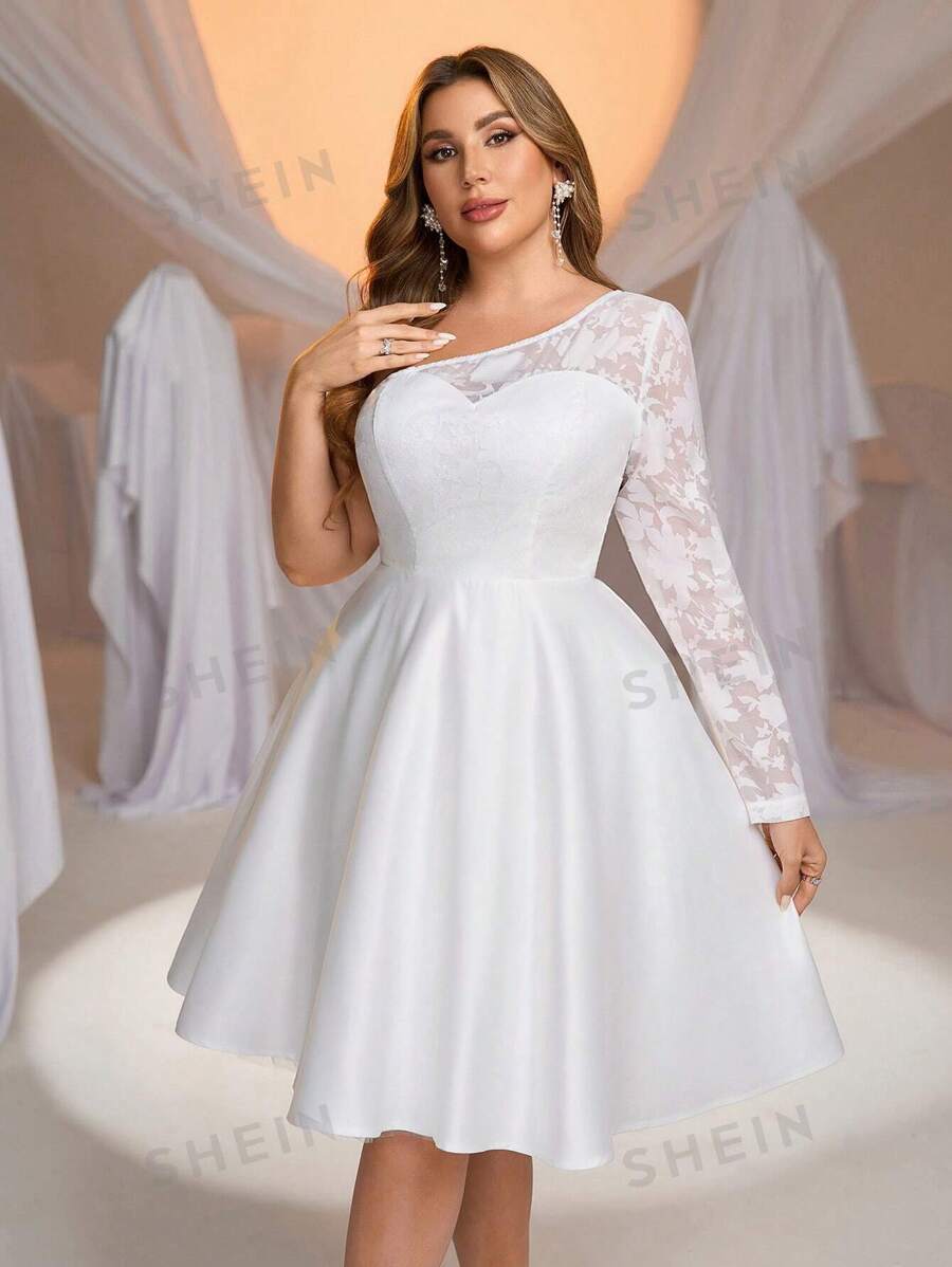 Glamrae Vestido de novia elegante y romántico de talla grande con cuello asimétrico, manga larga y transparente, de organza y jacquard, con recortes. Vestido de novia de línea A de satén para ducha nupcial, vestido blanco corto para novia.