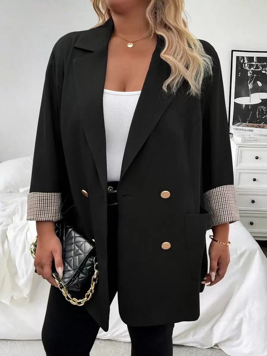 SHEIN CURVE+ Blazer noir boutonné effet patchwork grande taille pour le travail, les sorties et les fêtes pour femmes