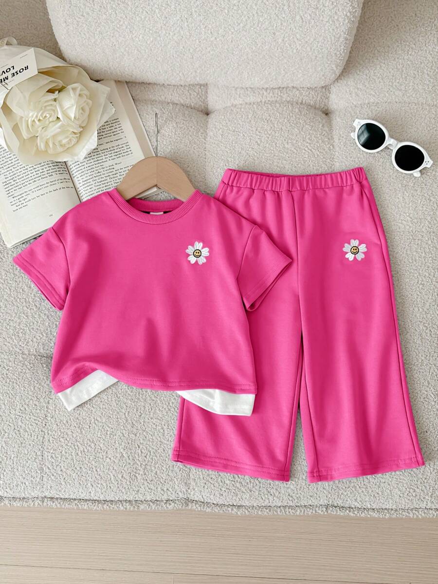SHEIN Baby Girl Cute Purple Floral Print Contrast Color Short Sleeve T-Shirt And Elastic Waist Pants 2 Pieces Set, Spring/Summer