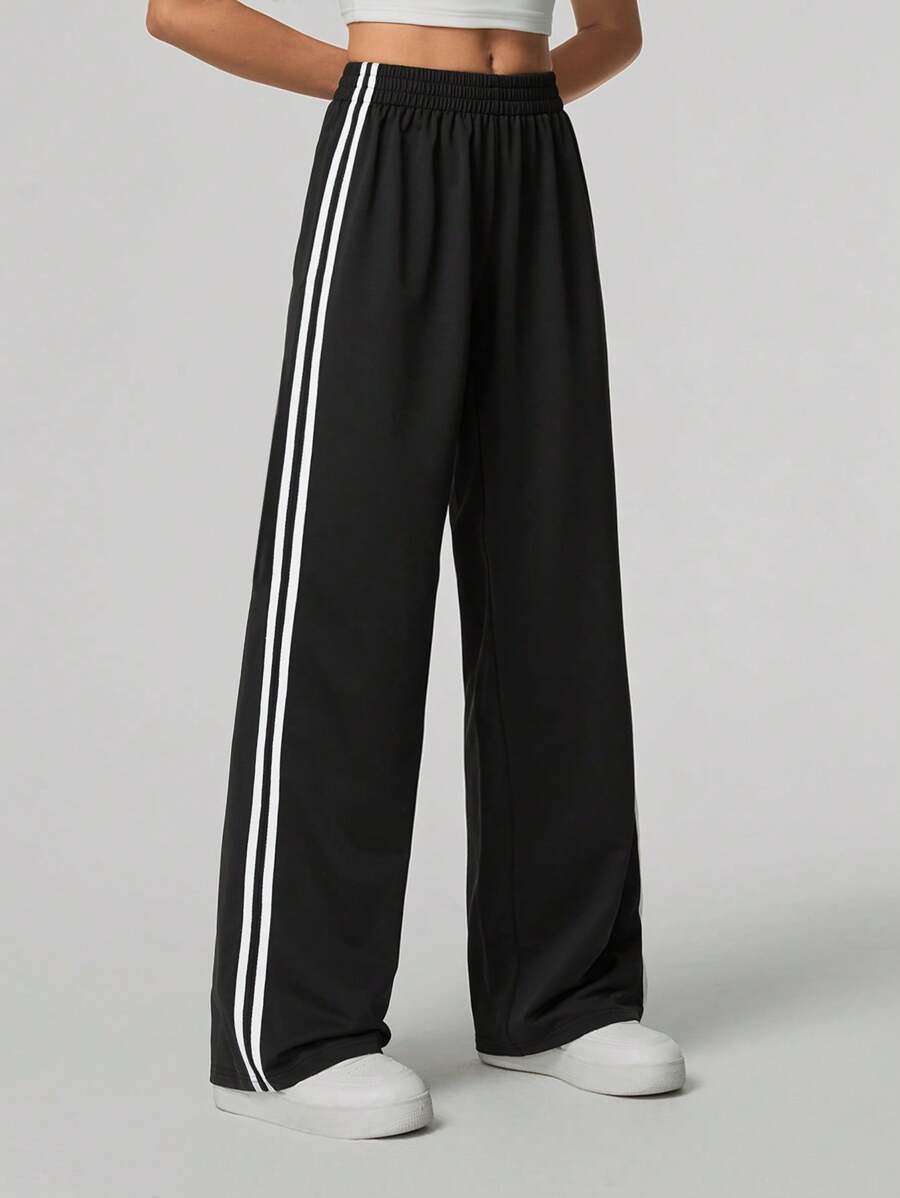 SHEIN Tall Pantaloni casual neri con strisce laterali, colore solido, di moda