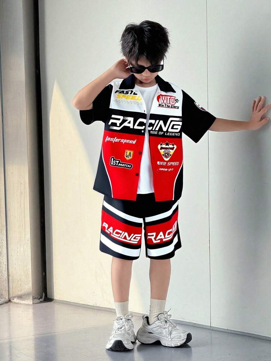 SHEIN 2pcs/Set Tween Boy Casual Korean Street Style Race Car Print Short Sleeve Shirt And Shorts Set, Suitable For Commute, School, Daily Casual Wear, Sports, Spring/Summer