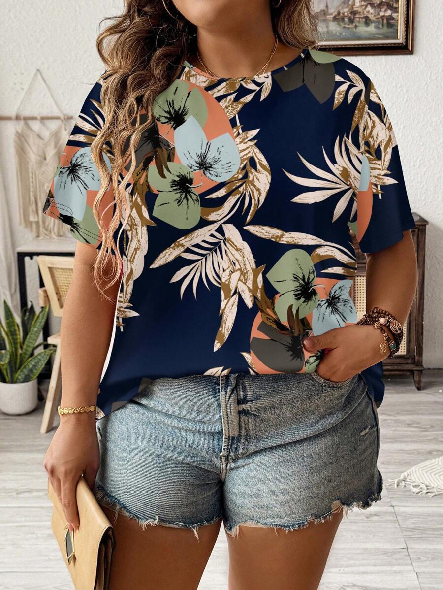 SHEIN LUNE Maglietta casual semplice vintage a fiori con scollo rotondo, vestibilità ampia, manica corta, adatta per l'estate, taglie comode