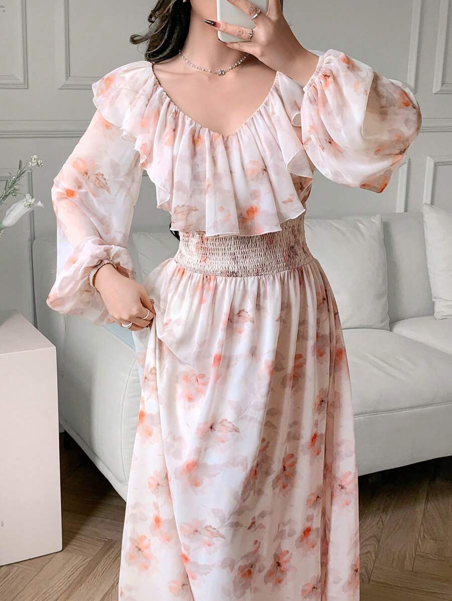 Modelyn Women's Floral Print Patchwork Ruffled Lantern Sleeve Elegant Arabian Dress
